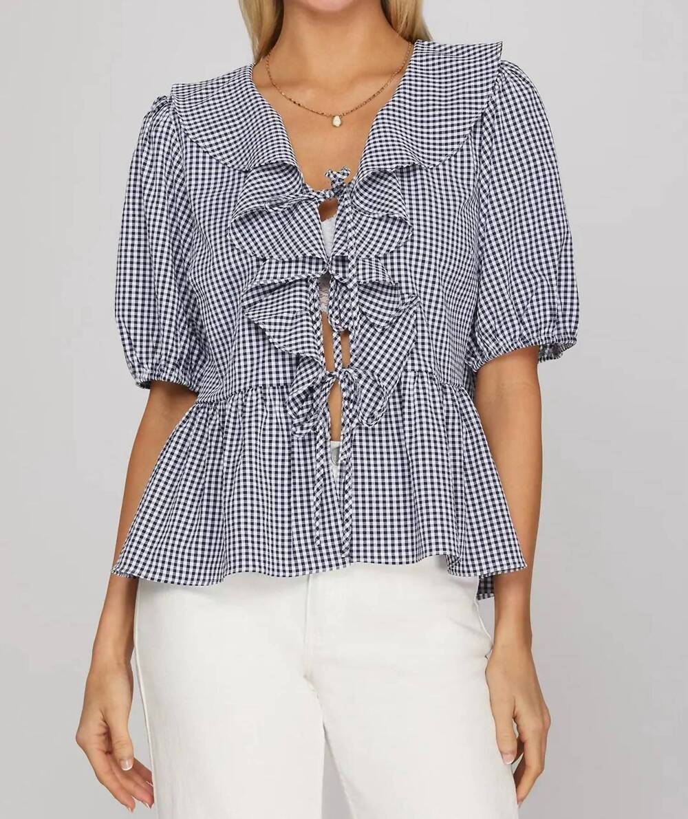 NEW SHE + SKY gingham grace top in navy